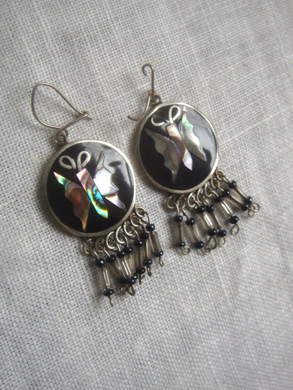 Vintage Alpaca Mexico Silver Abalone Butterfly Dangle Bead Fringe Earrings *FLAW - Picture 7 of 7